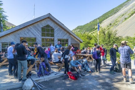 Hikers at a refugio on the W Trek in Torres del Paine