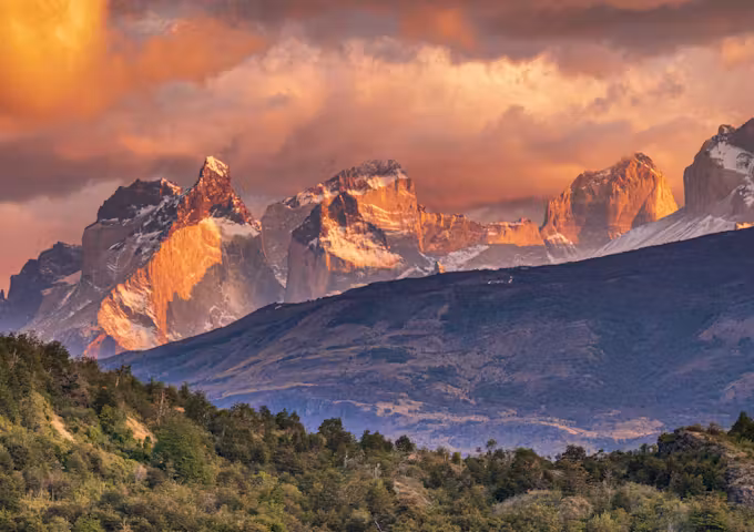 Sunrise over the Cuernos in Paine Massif seen from Patagonia Camp