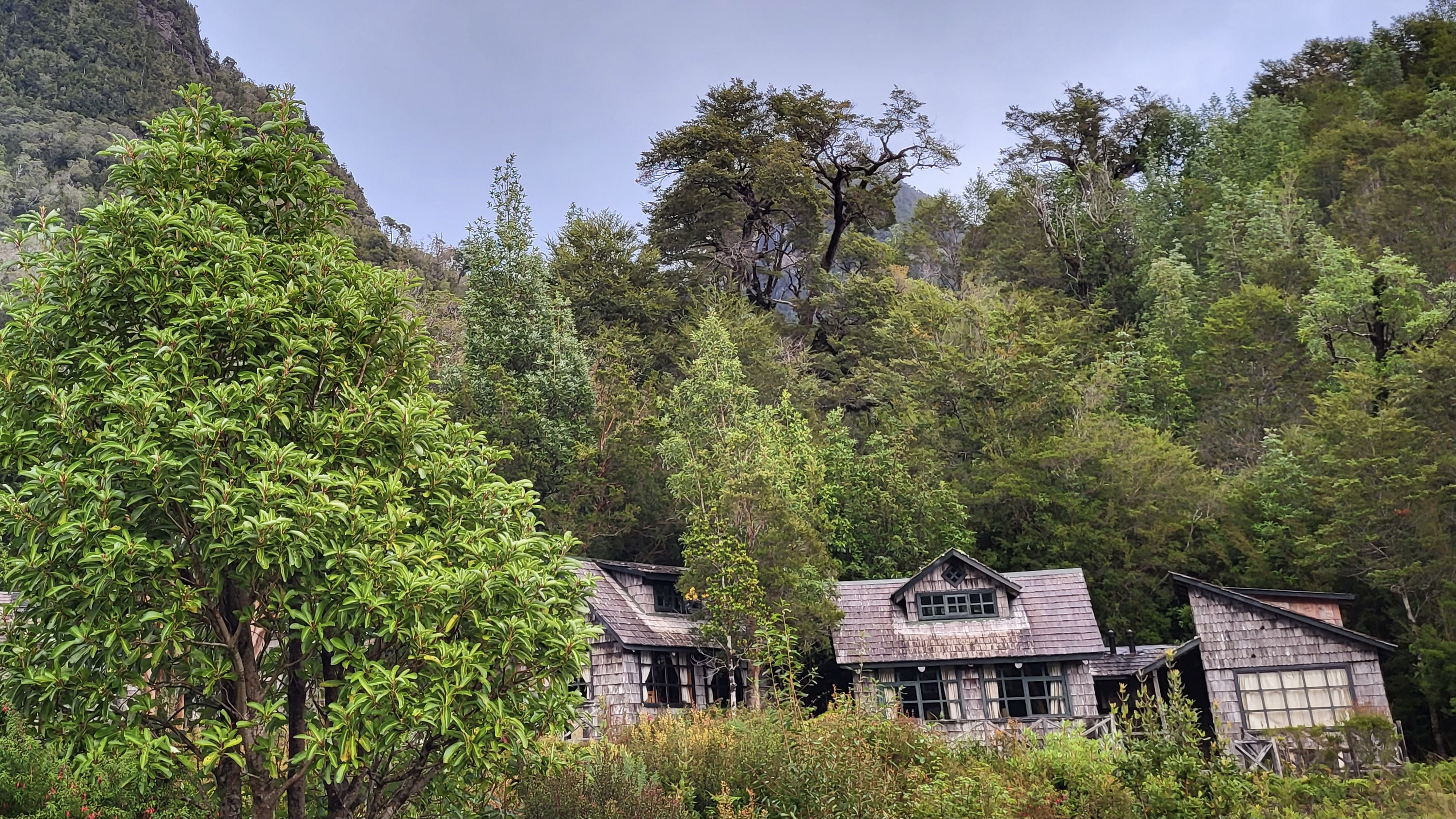 Wooden cabins of Caleta Gonzalo Lodge on the edge of the forest in Pumalín Douglas Tomplins National Park, Chile