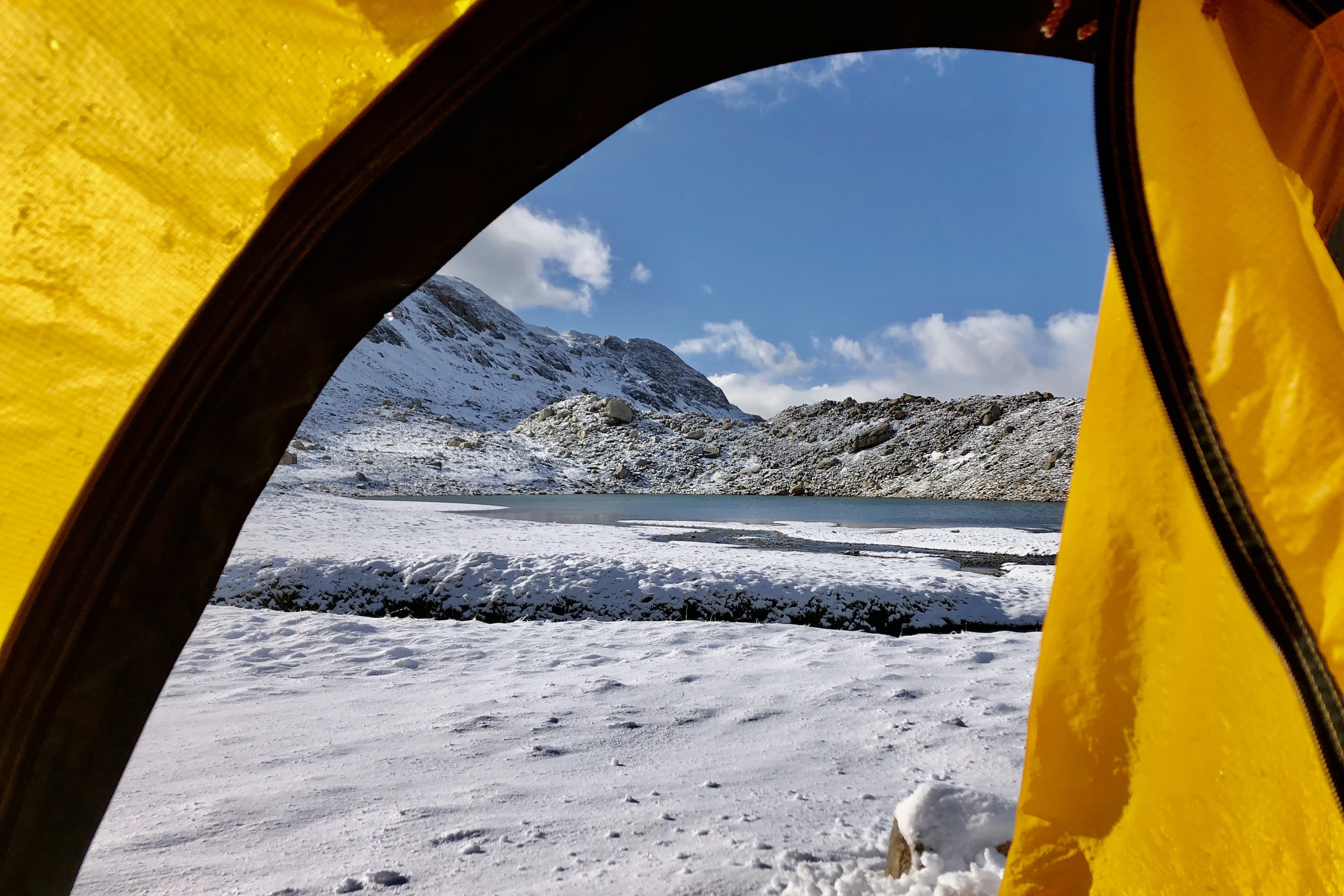 View from tent over snow on the South Patagonian Ice Field Expedition