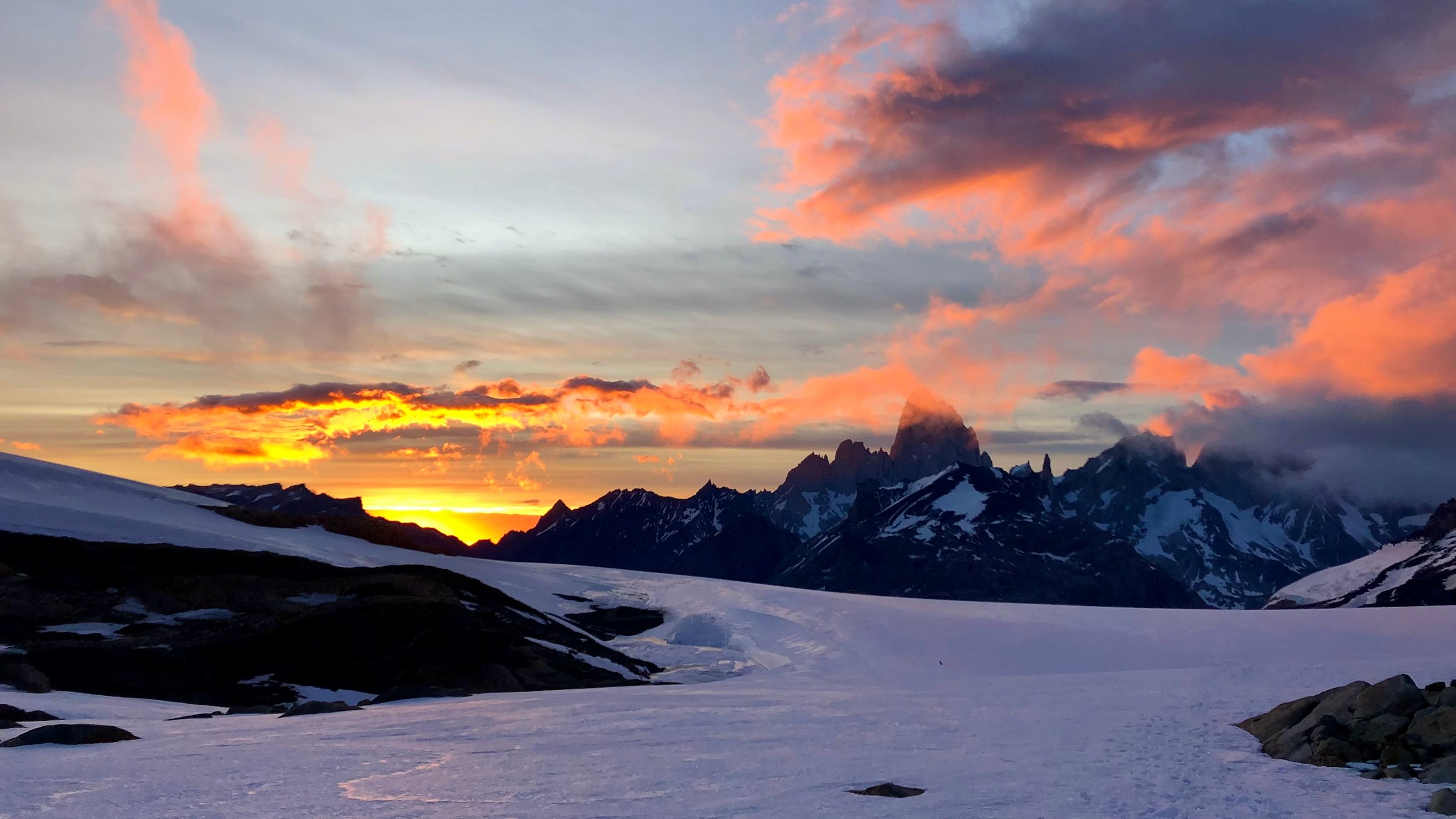 Sunrise over the mountains and ice cap on the South Patagonia Ice Field in Los Glaciares