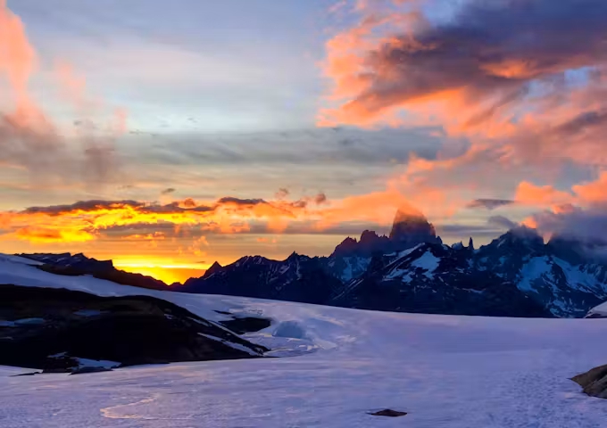 Sunrise over the mountains and ice cap on the South Patagonia Ice Field in Los Glaciares