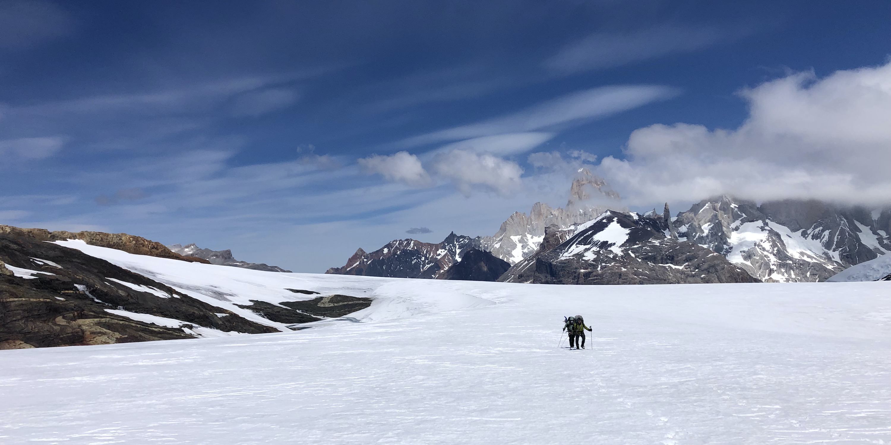 Two distant hikers on the South Patagonian Ice Field