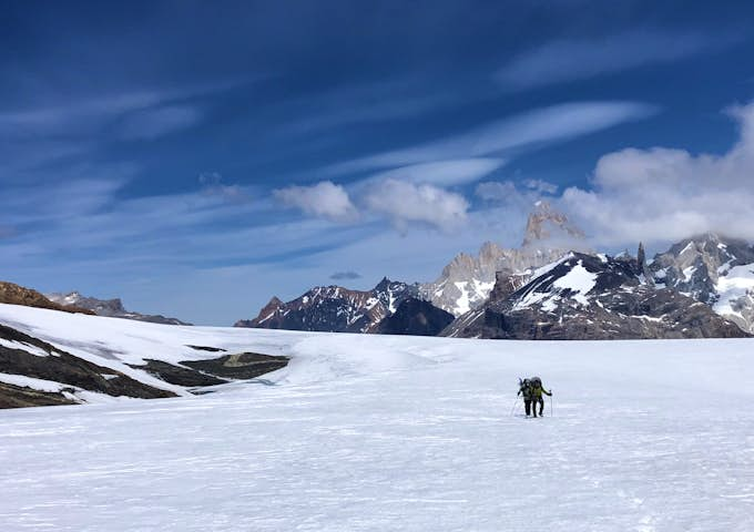 Two distant hikers on the South Patagonian Ice Field