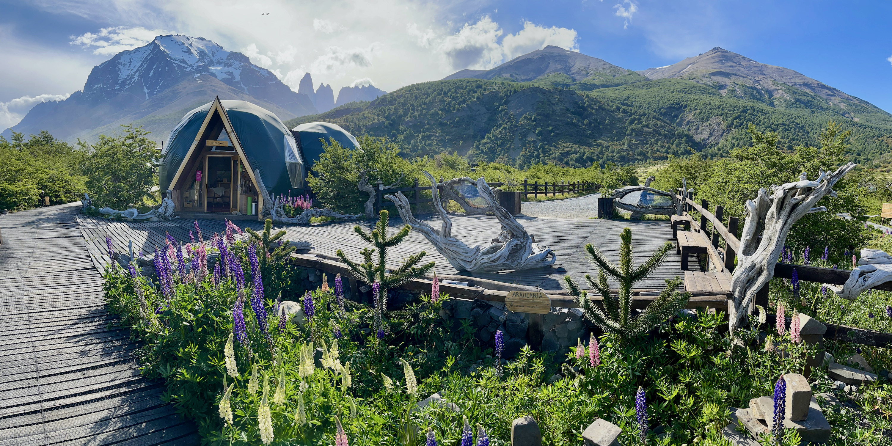 EcoCamp in Torres del Paine with dome tent and view of the Towers
