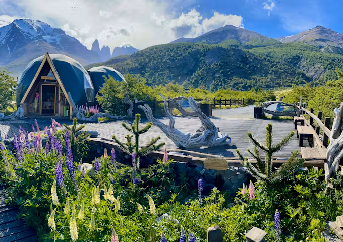 EcoCamp in Torres del Paine with dome tent and view of the Towers