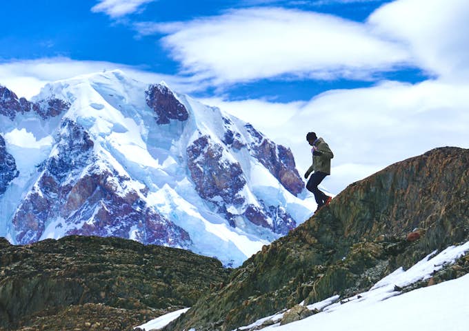 Hiker and mountains on day 2 of the Huemul Circuit trek in Los Glaciares