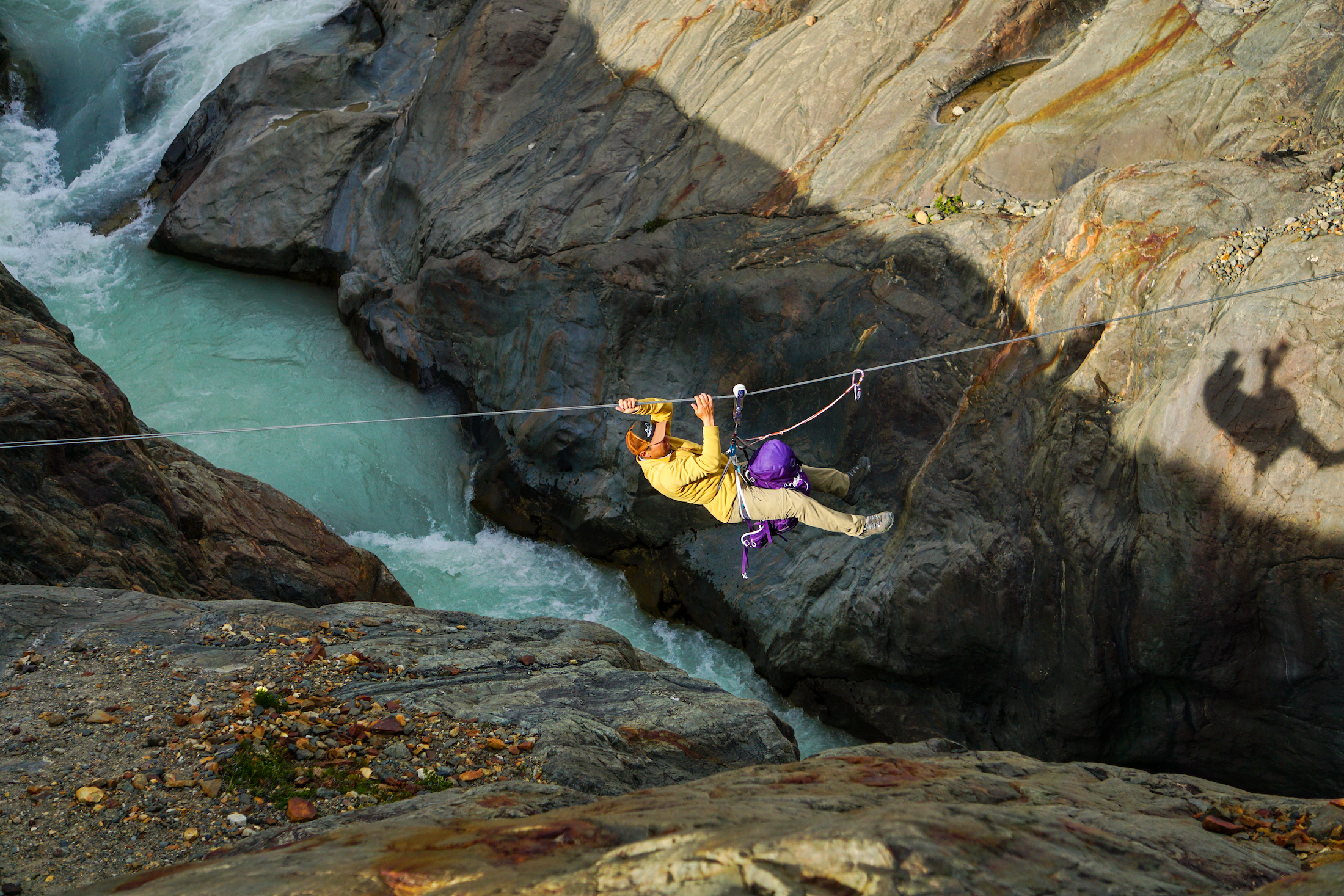 Tyrolean traverse on day 2 of the Huemul Circuit trek in Los Glaciares