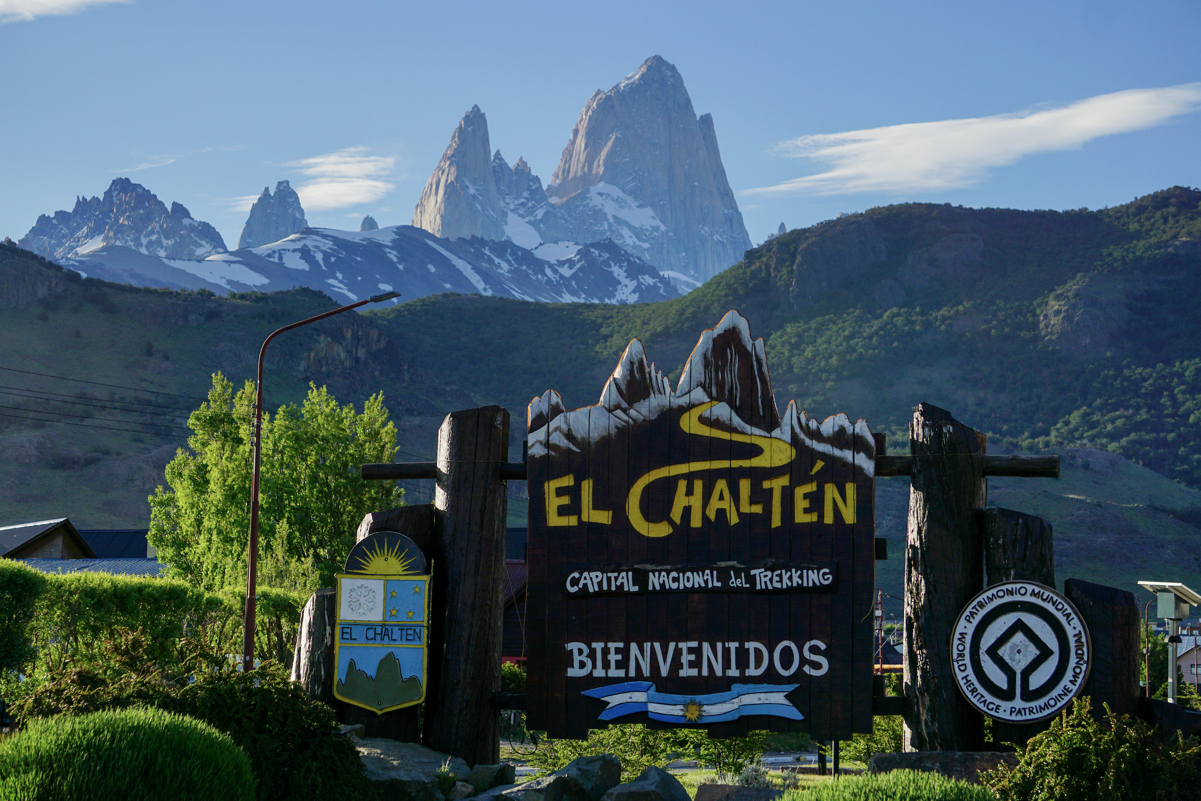 El Chalten town sign with Mount Fitz Roy in the background