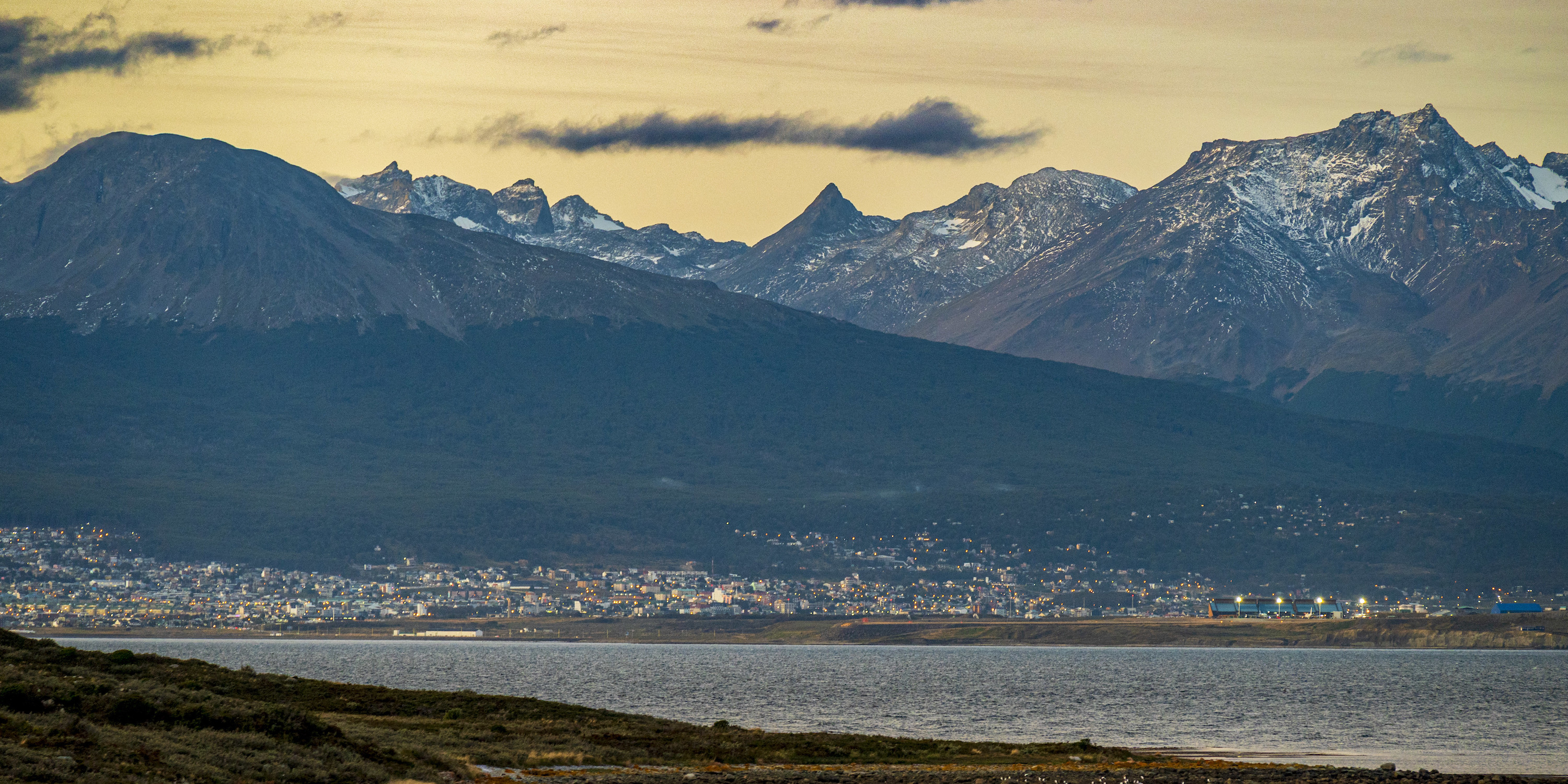 View of Ushuaia with the Tierra del Fuego mountains and the Beagle Channel