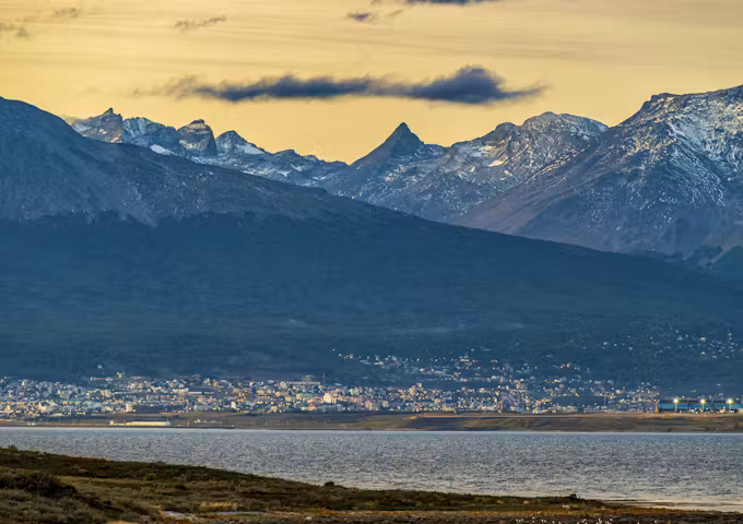 View of Ushuaia with the Tierra del Fuego mountains and the Beagle Channel