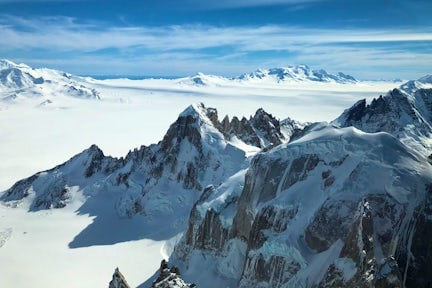 View from a plane over the ice fields and mountains near Villa O'Higgins in the Southern Patagonia ice field