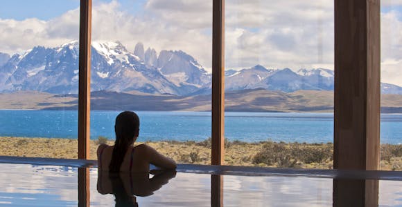 Indoor spa with view of the Paine Massif, Tierra Patagonia Hotel, Torres del Paine, Chile